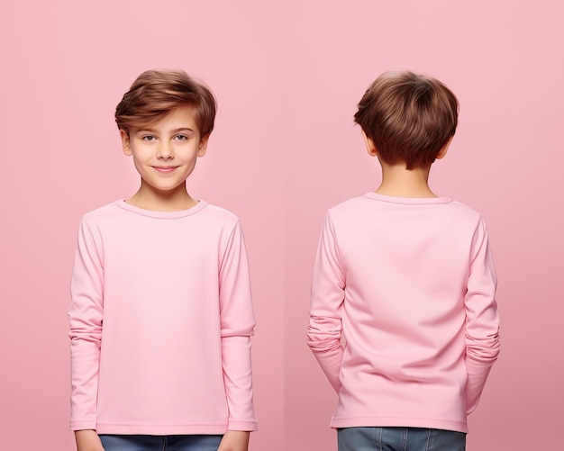 Vues avant et arrière d'un petit garçon portant un T-shirt à manches longues roses