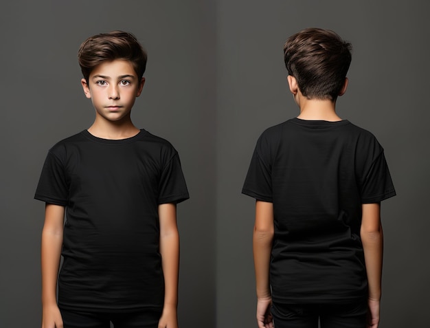 Vues avant et arrière d'un petit garçon portant un T-shirt noir