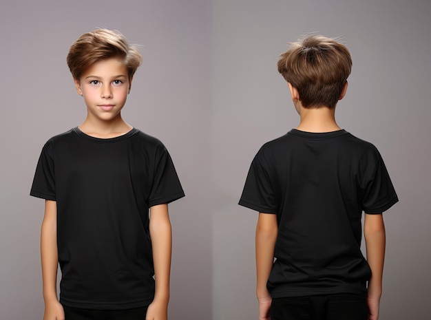 Vues avant et arrière d'un petit garçon portant un T-shirt noir