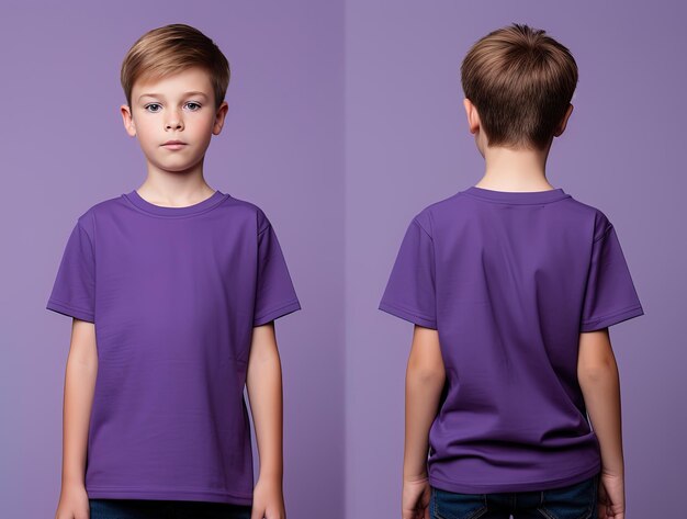 Vues avant et arrière d'un petit garçon portant un T-shirt violet