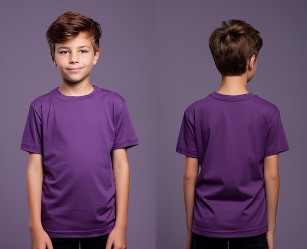 Vues avant et arrière d'un petit garçon portant un T-shirt violet