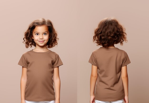 Photo vues avant et arrière d'une petite fille portant un t-shirt brun