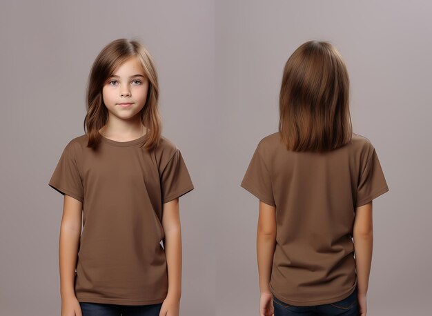 Vues avant et arrière d'une petite fille portant un T-shirt brun