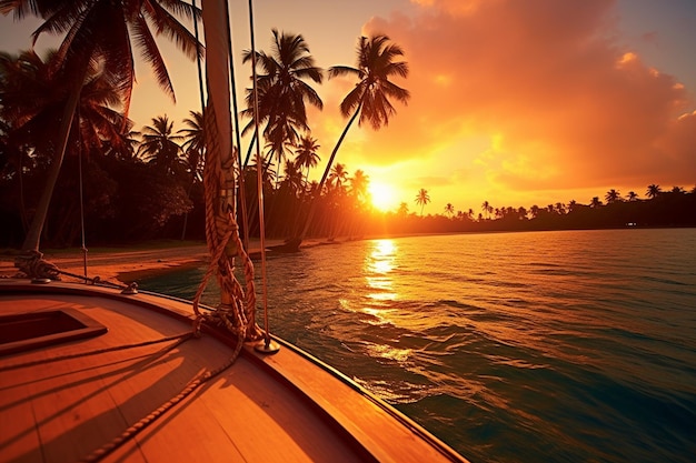 Vues de la croisière au coucher du soleil sur la plage tropicale