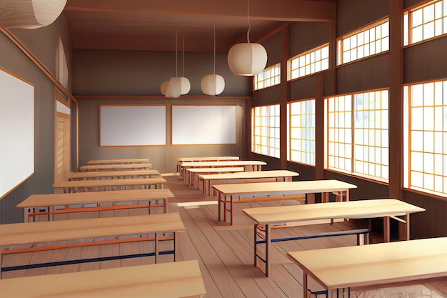 Vues intérieures d'une salle de classe vide de style japonais rendu 3d Generative Ai