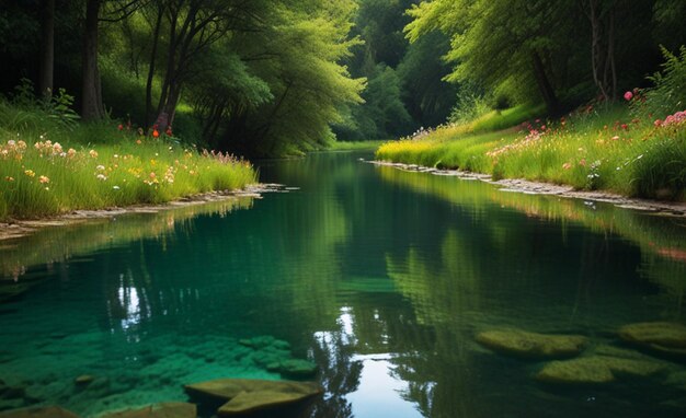 Photo des vues magnifiques sur le lac avec des eaux vertes claires et un ciel bleu parfait