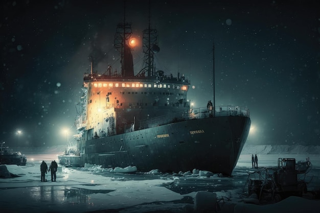 Vues nocturnes de se tenir debout dans le brise-glace du port et les navires