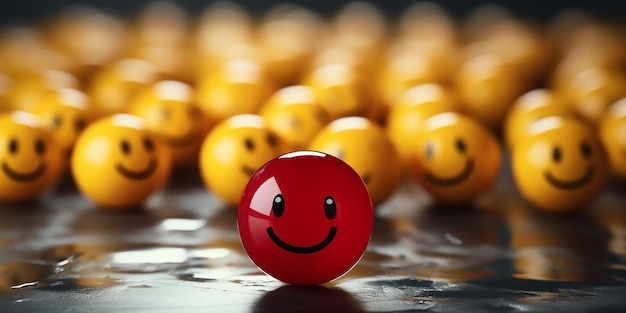 Vues de visage drôle heureux et triste boules de plastique jaunes et rouges dans la foule illustration de rendu 3D