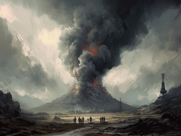 Vulcano explosion feu fumée paysage ville mystique affiche extraterrestre steampunk fond d'écran fantastique