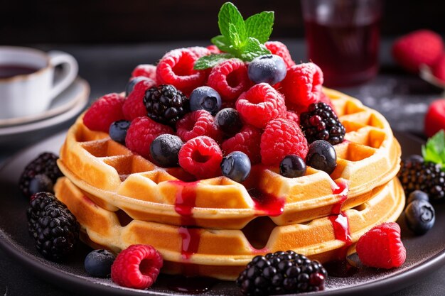 Waffle belge avec des baies sur assiette