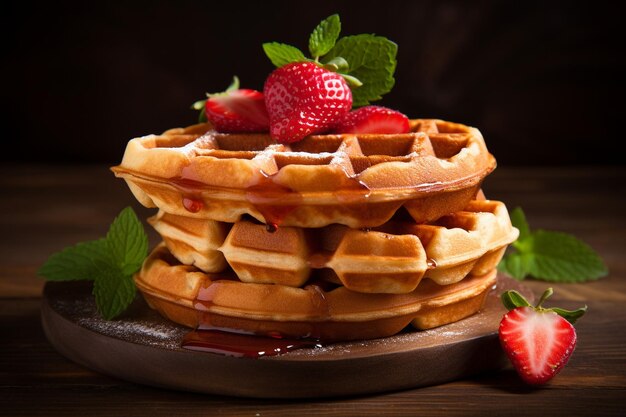 Waffles au beurre avec du miel et des fraises