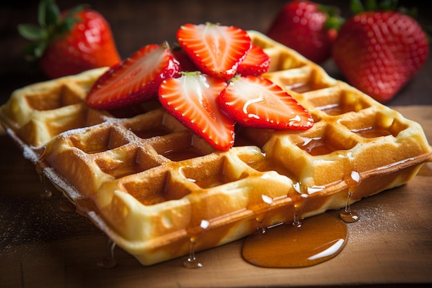 Waffles au beurre avec du miel et des fraises