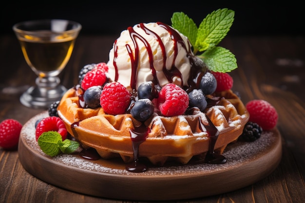 Waffles belges avec des baies et de la crème glacée