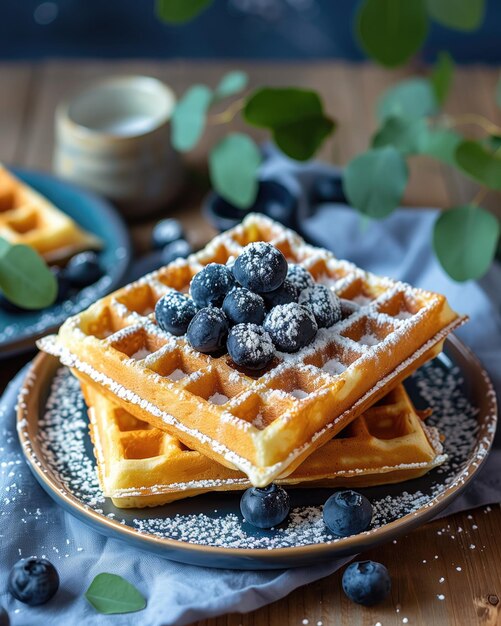 Waffles belges avec des bleuets et du sucre en poudre