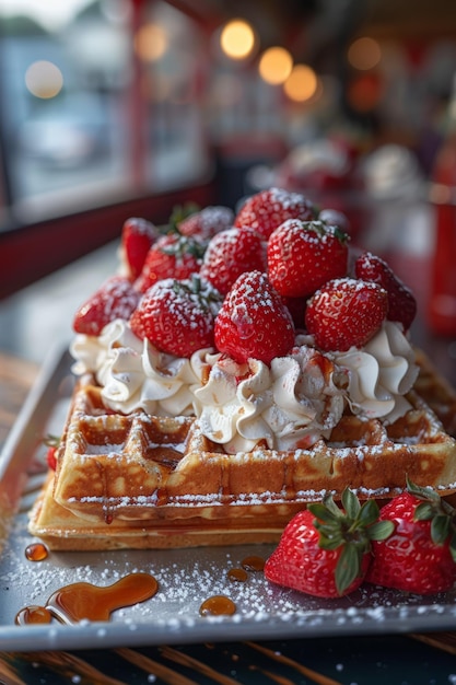 Waffles belges avec de la crème fouettée et des fraises