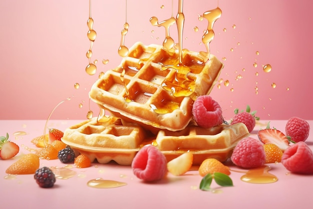 Photo waffles belges avec des fruits sur un fond rose