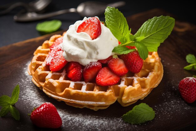 Waffles avec de la crème fouettée et des fraises fraîches de Generative Ai