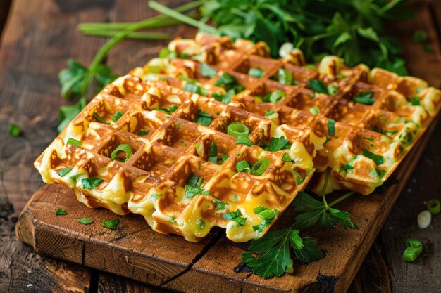 Photo waffles crispy keto faites avec du fromage et des œufs surmontés de légumes frais