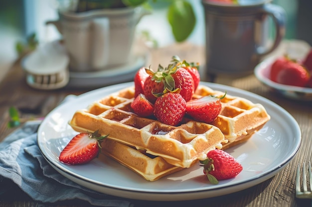 Waffles avec des fraises saupoudrées de sucre en poudre