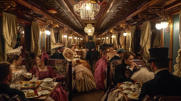 Photo un wagon de train opulent avec une longue table à manger préparée pour un festin