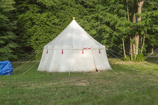 Photo wagons médiévaux vintage avec de la nourriture et des tentes sur le fond de la forêt