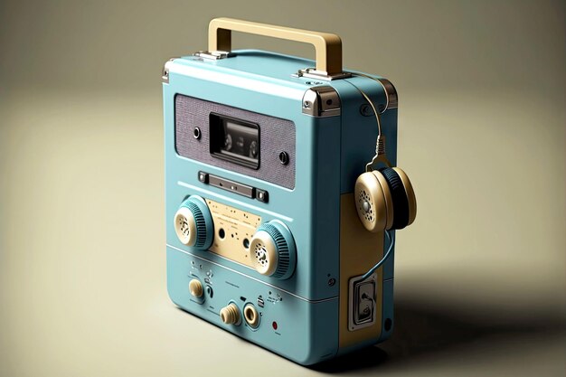 Walkman lecteur de cassettes vintage avec un casque sur fond gris bleu