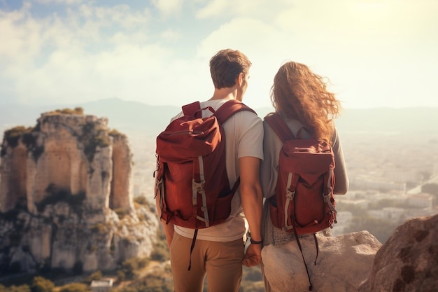 Wanderlust Duo explore des ruines anciennes avec des sacs à dos