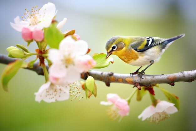 Le warbler se nourrit du nectar des fleurs de pêche