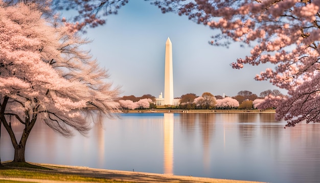 Washington DC États-Unis au bassin des marées avec le monument à Washington au printemps