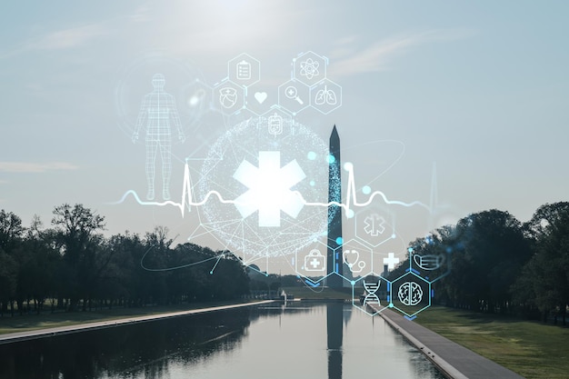 Washington Monument et le Capitole Washington DC USA Vu du miroir d'eau Hologramme de médecine numérique de soins de santé Le concept de traitement et de prévention des maladies