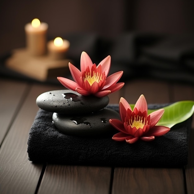 Photo water lillies lotus flowers with stack towels and black spa stones on wooden background