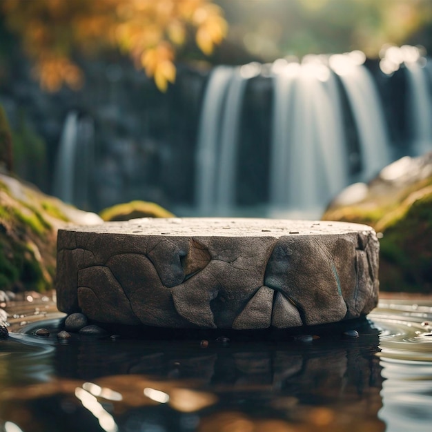 Waterfall Showcase Round Stone Podium pour l'affichage des produits près d'une cascade sereine Generative AI