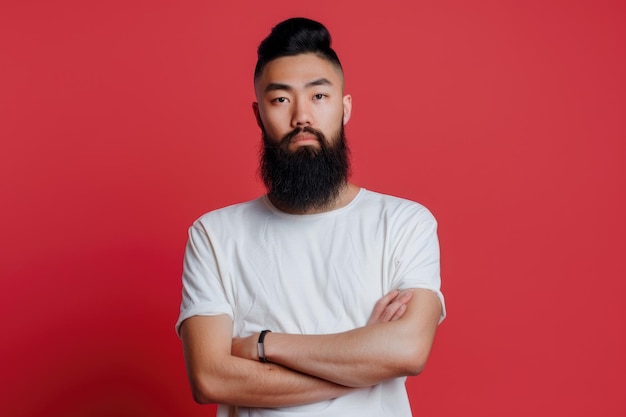 Un web designer asiatique confiant avec une barbe noire pose pour la caméra.