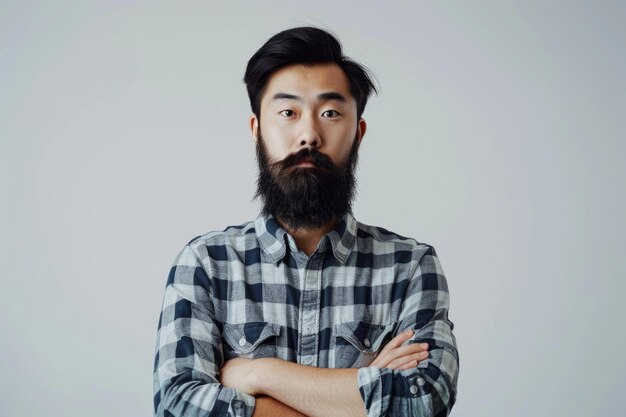 Un web designer asiatique confiant avec une barbe noire pose pour la caméra.