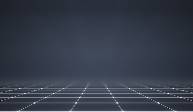 Web futuriste abstrait avec néon lumineux et motif de lignes de grille sur fond sombre.