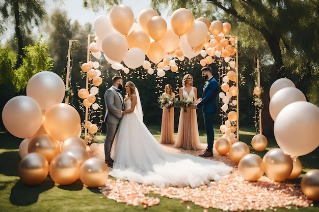 Photo a wedding with balloons and a gold and silver color scheme.