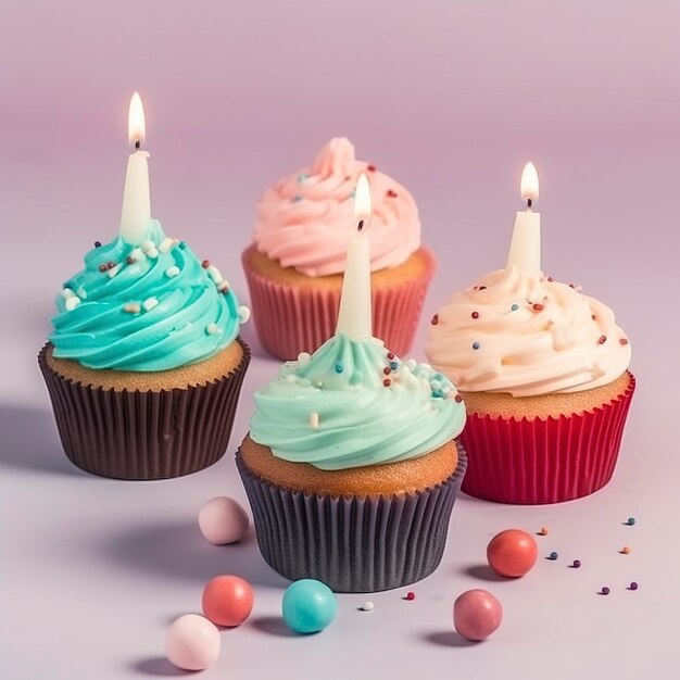 Weet cupcakes d'anniversaire colorés et bougie Generative Ai