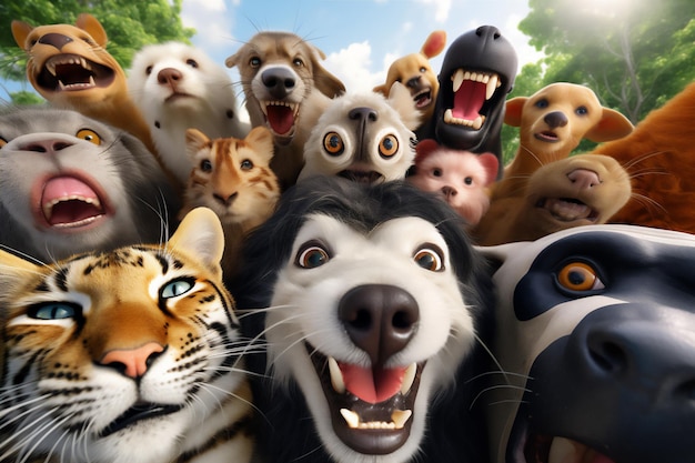 Photo wefie divers animaux avec sourire et visage heureux