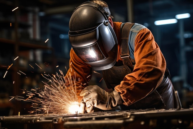 Welder with Sparks Flying It présente des artisans qualifiés travaillant sur des projets de fabrication de métaux. Équipement de sécurité