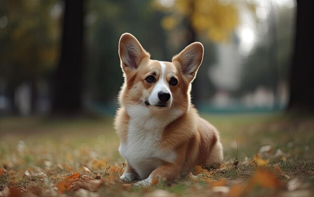 Photo le welsh corgi est assis sur l'herbe dans le parc.