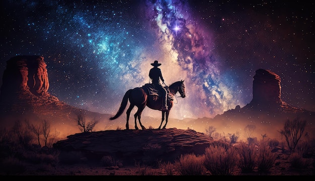 Photo western cowboy chevauchant son cheval la nuit sous le désert de la voie lactée