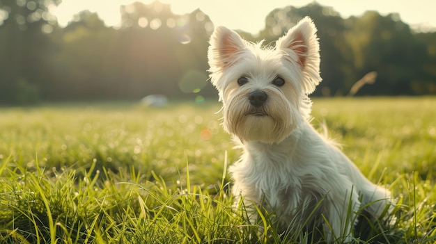 Photo westland white terrier à l'extérieur sur un grand champ d'herbe