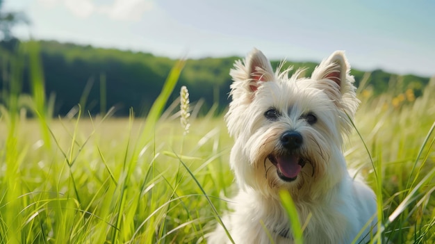 Photo westland white terrier à l'extérieur sur un grand champ d'herbe