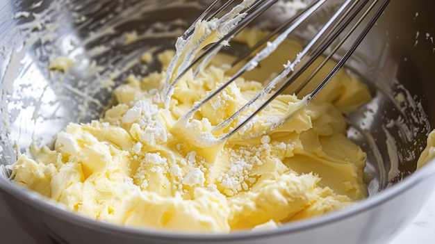 Whisk dans un bol avec du beurre de pâte jaune crémeux ou de la crème à la crème cuite maison et de la nourriture traditionnelle de la vie de campagne