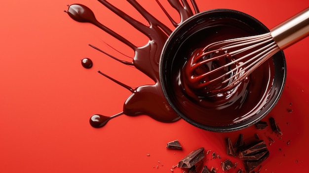 Whisk trempant dans un bol de chocolat fondu sur fond rouge