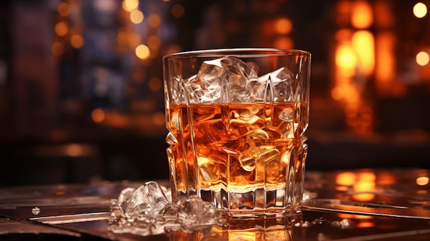 Photo whiskey dans une barre de glace en verre de cocktail avec un fond flou