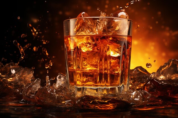 Photo whiskey éclaboussé dans le verre whiskey avec des cubes de glace et éclaté sur fond noir en gros plan boire