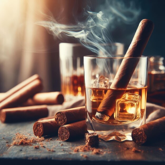 Photo whisky et cigare sur une table en bois sur un fond simple