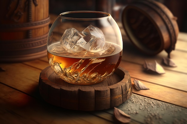 Whisky cognac rhum ou bourbon dans un verre rond alcool cher avec des glaçons gros plan AI générative