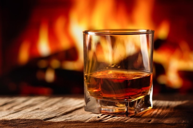 Photo whisky dans un verre avec feu dans la cheminée en arrière-plan